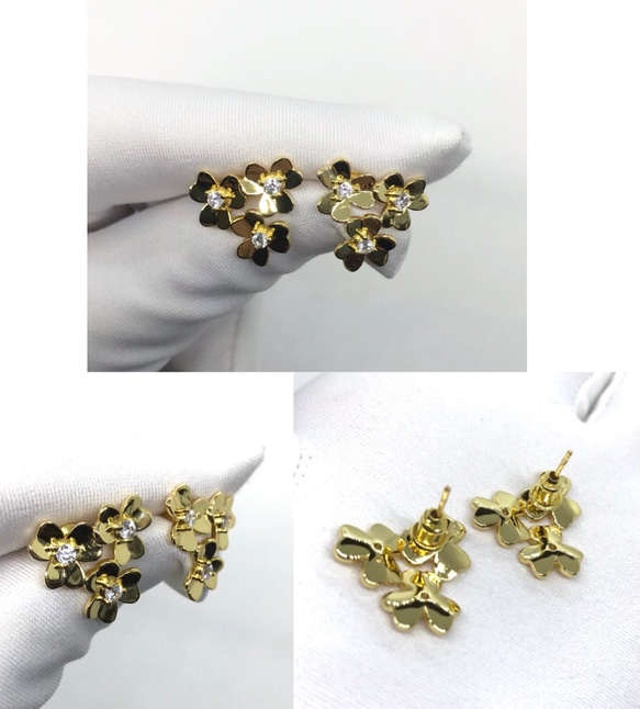 3ミニ ゴールド3A高級CZダイヤモンド.三つ葉ピアス.プラチナコート 3枚目の画像