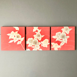 着物のファブリックパネル　鮮やかピンクに咲くレトロ椿　(３枚セット)サスティナブル  着物リメイク　インテリア 3枚目の画像