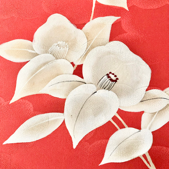 着物のファブリックパネル　鮮やかピンクに咲くレトロ椿　(３枚セット)サスティナブル  着物リメイク　インテリア 11枚目の画像