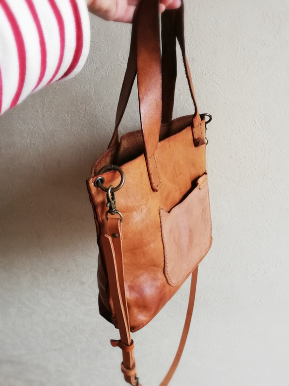 【vintage】mini tote shoulder　キャメル　牛ヌメ革 18枚目の画像