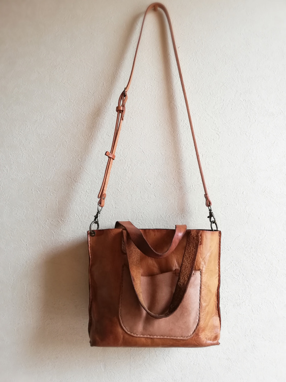 【vintage】mini tote shoulder　キャメル　牛ヌメ革 2枚目の画像