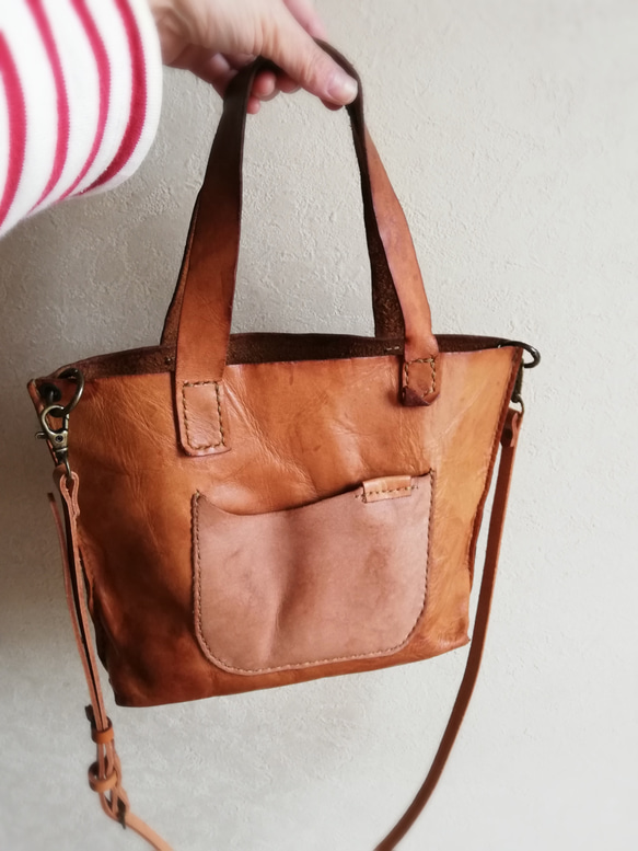 【vintage】mini tote shoulder　キャメル　牛ヌメ革 17枚目の画像