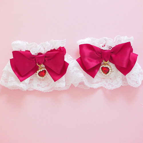 お袖留め 付け カフス ハートチャーム ダブルレース ホワイト ボルドー