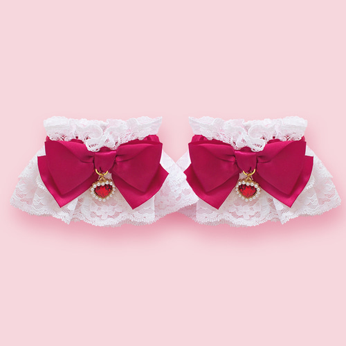 お袖留め 付け カフス ハートチャーム ダブルレース ホワイト ボルドー