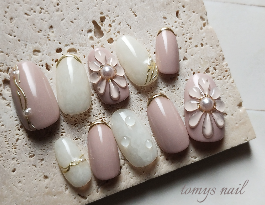 現品　オーダーネイルチップ　ニュアンスリボン推しネイルフラワーパールno.67