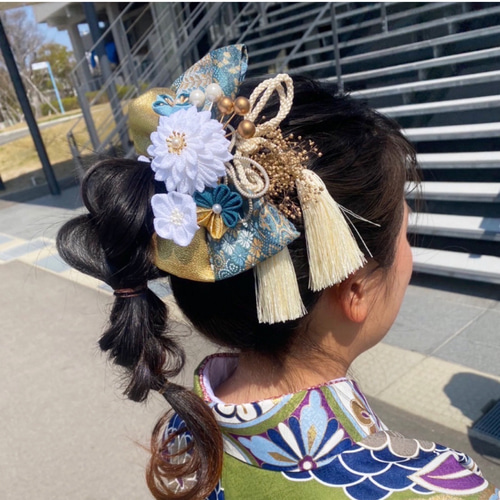 受注制作)つまみ細工 リボン髪飾り 大きめ17センチ西陣織 金蘭 受注制作)つまみ細工 リボン髪飾り 大きめ17センチ西陣織 金蘭