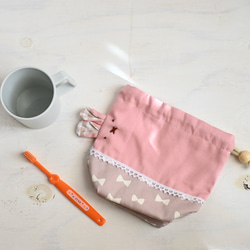 うさちゃんコップ入れ巾着♡ピンク×シンプルリボン柄　ガーゼ 9枚目の画像