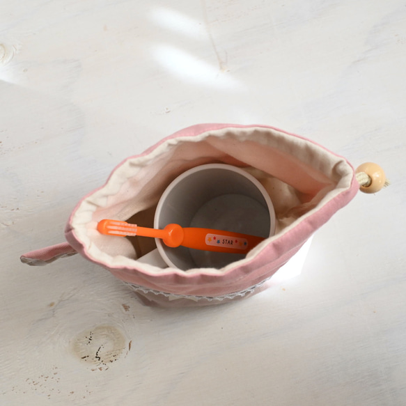 うさちゃんコップ入れ巾着♡ピンク×シンプルリボン柄　ガーゼ 10枚目の画像