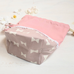 うさちゃんコップ入れ巾着♡ピンク×シンプルリボン柄　ガーゼ 6枚目の画像