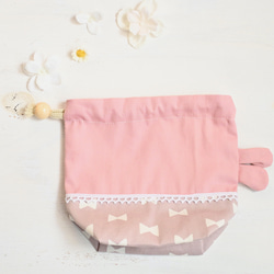 うさちゃんコップ入れ巾着♡ピンク×シンプルリボン柄　ガーゼ 5枚目の画像