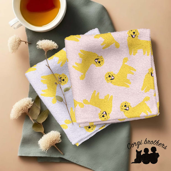 ゴールデンレトリバーー パターン柄 】パステルカラー ハンカチ 2枚