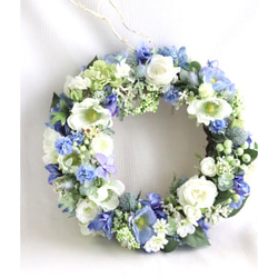 【晴れやかブルー2023】紫陽花、アネモネ、ローズのさわやかなブルーのリース　　アーティフィシャルフラワー 1枚目の画像