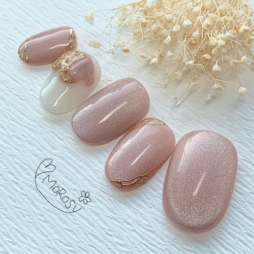 ネイルチップ オーダー 受付！ ラメ ベージュ ハート ネイル MOROSY239