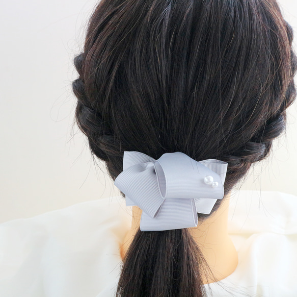 上品シンプル シルバーリボンの重ねおりヘアゴム /ポニーフック 4枚目の画像