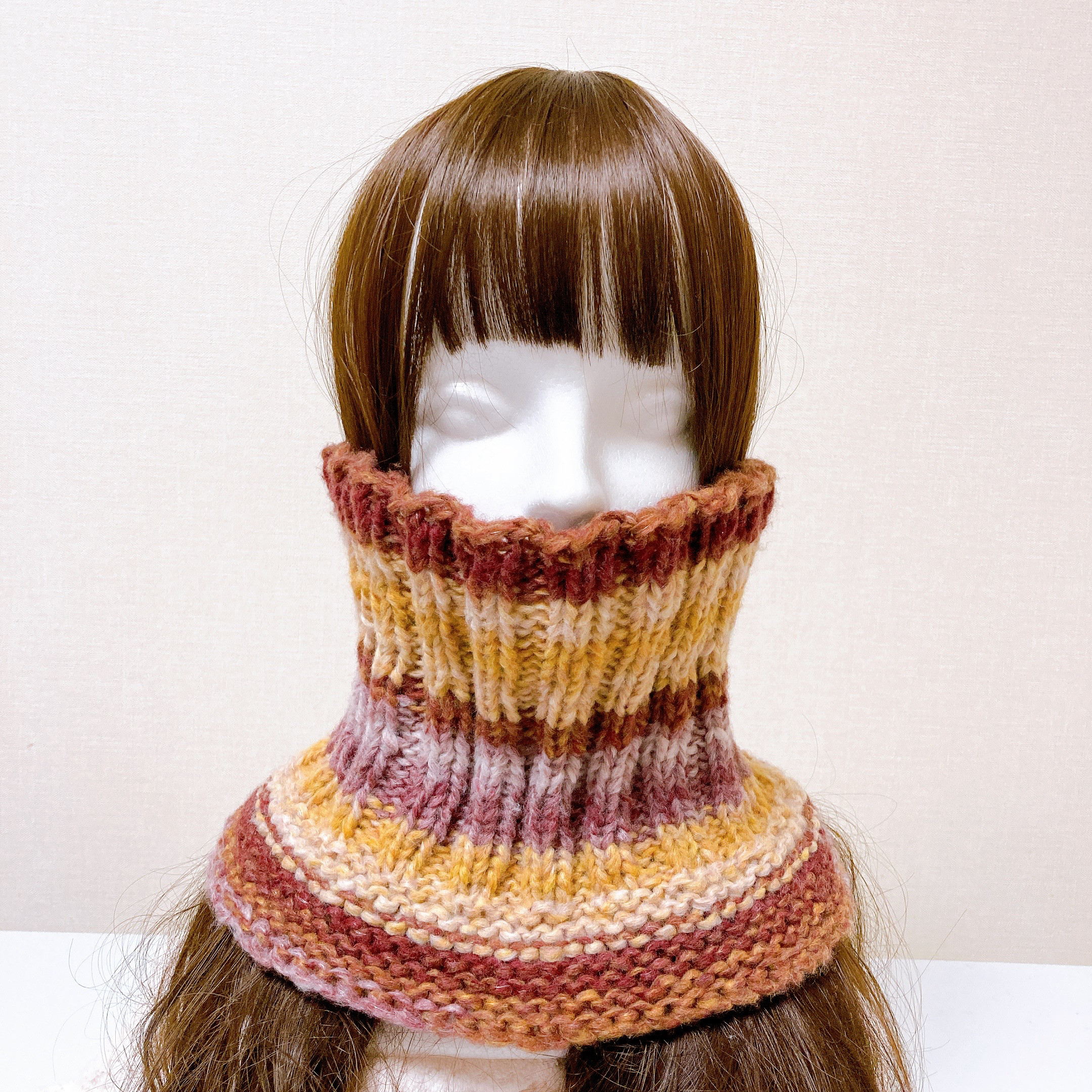 ネックウォーマー　レッドブラウン　手編み　タートル風　つけ襟　リブ　男女兼用