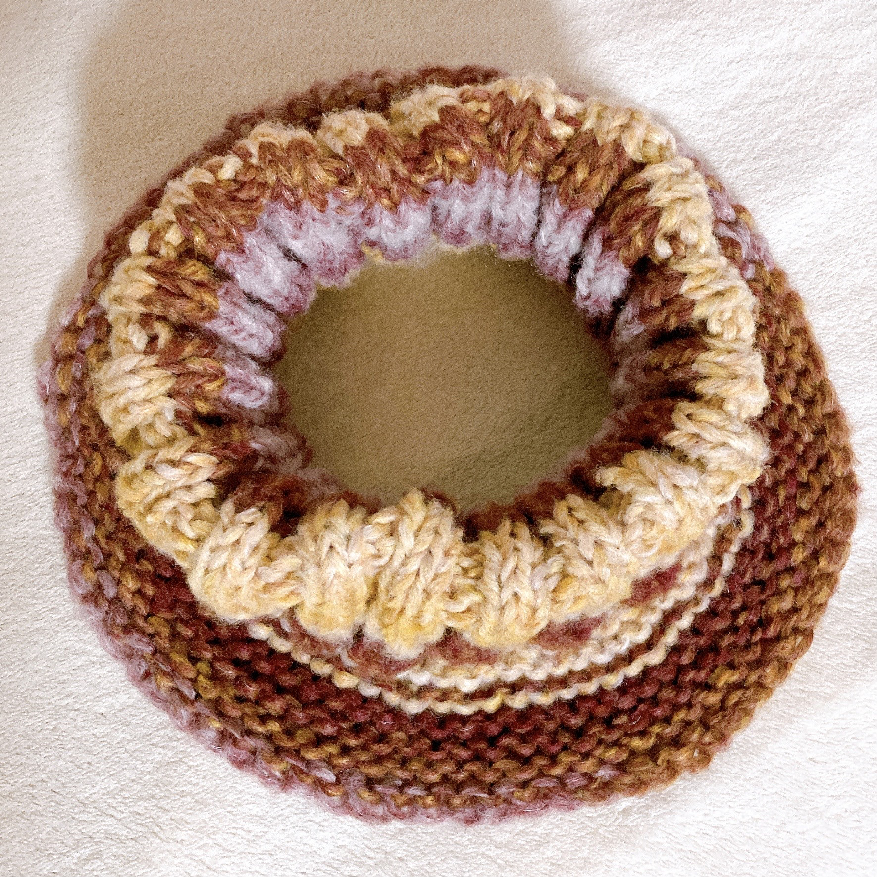 ネックウォーマー　レッドブラウン　手編み　タートル風　つけ襟　リブ　男女兼用