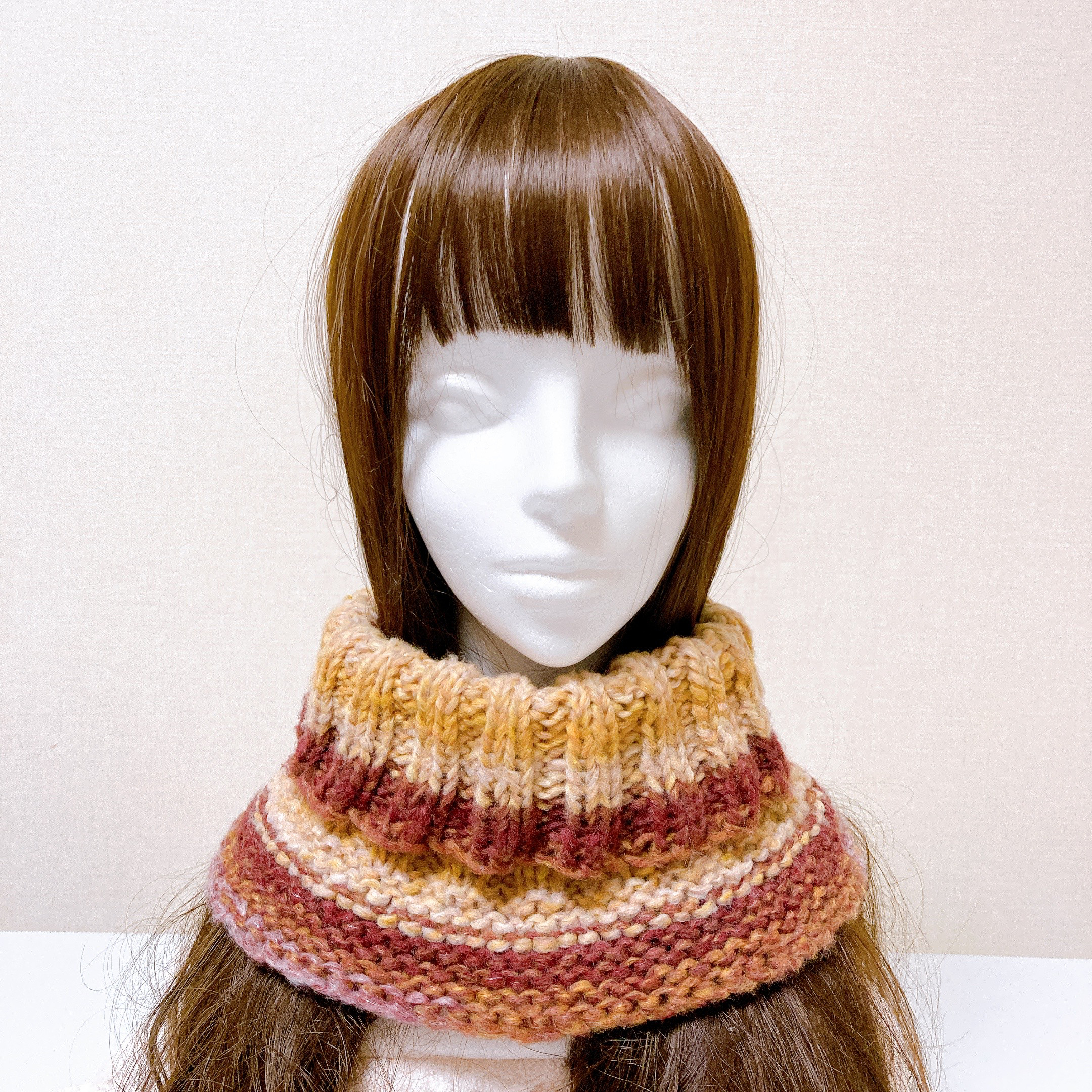 ネックウォーマー　レッドブラウン　手編み　タートル風　つけ襟　リブ　男女兼用