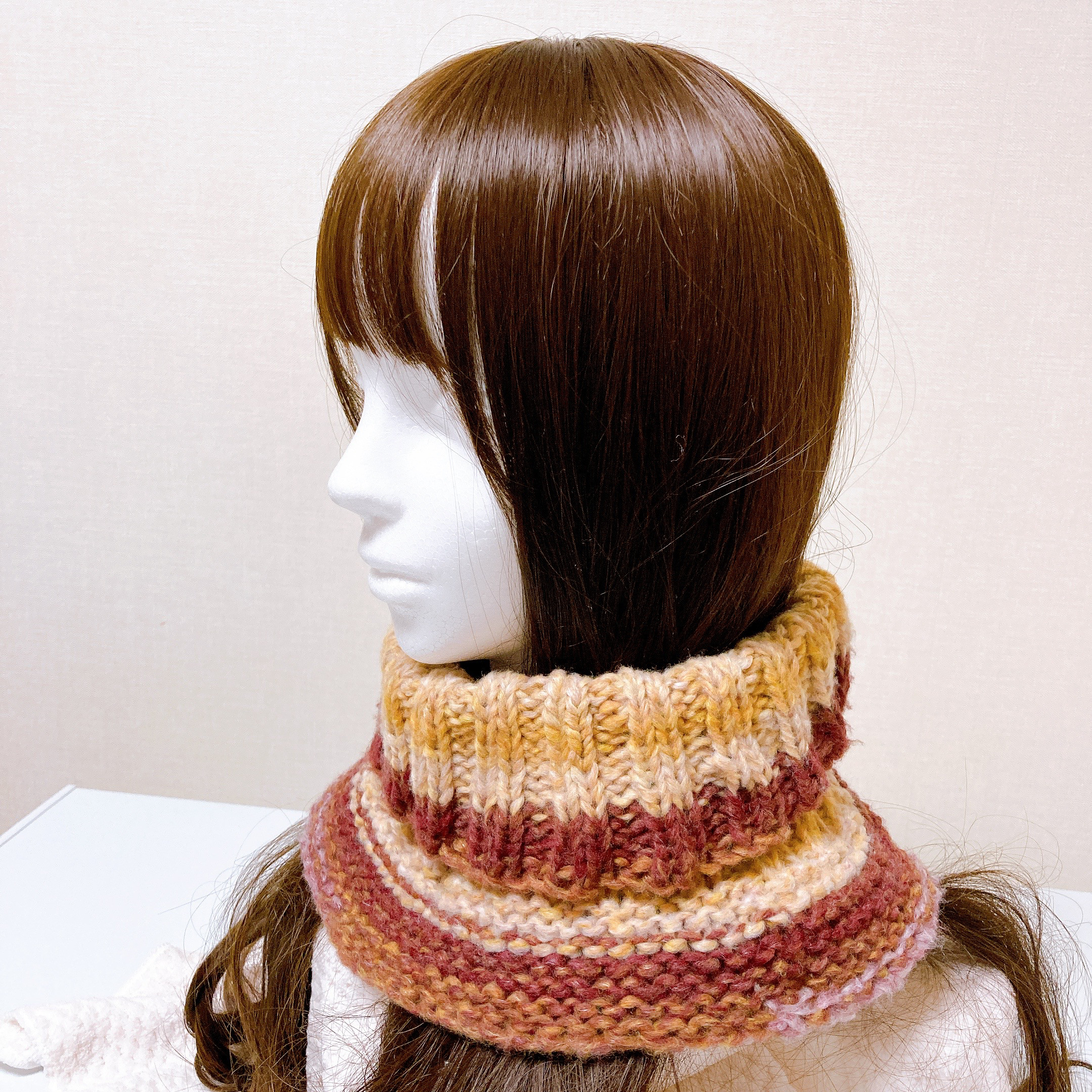 ネックウォーマー　レッドブラウン　手編み　タートル風　つけ襟　リブ　男女兼用