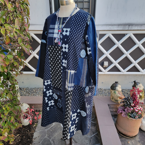 着物リメイク 古布 手作り 絣 パッチワーク ワンピース ワンピース