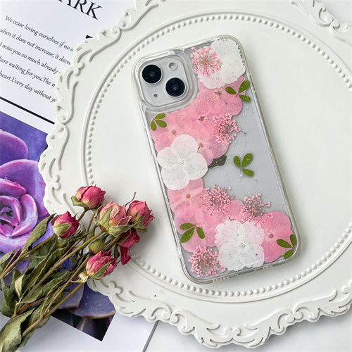 紫陽花、押し花スマホケース、全機種対応、iFace風、手帳型、iPhone15