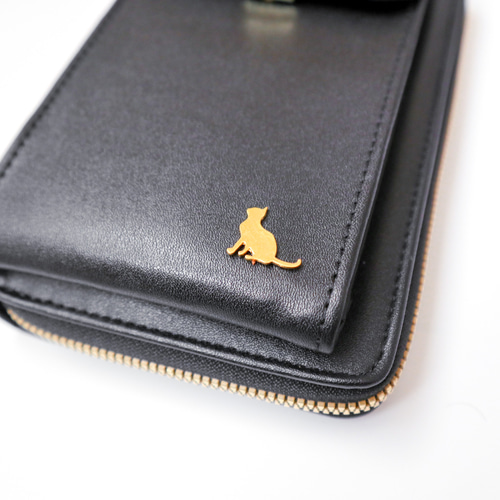 スマホショルダー お財布ショルダー スマホポーチ ねこ ブラック