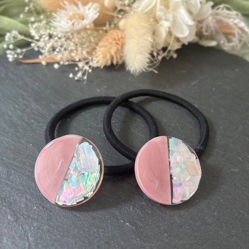 レジンヘアゴム クリップ　くすみピンク　ブラウン 再再再…販】くすみカラー シェル ヘアゴム 2本セット レジン