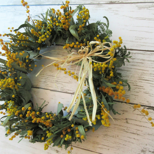 ミモザとブルースターチスのリース ミランドールミモザ 貝細工 春