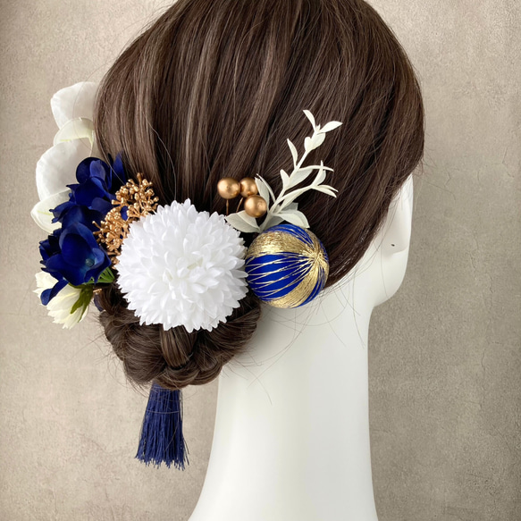 胡蝶蘭　髪飾り　青　成人式　卒業式　結婚式　紫陽花　ピンポンマム　和装　着物　振袖　白無垢　タッセル　KA-23001B 3枚目の画像