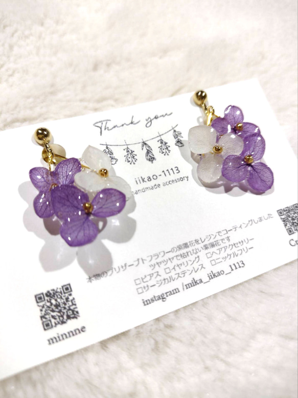 受注製作】世界に一つだけの本物の紫陽花 アナベル ゆらゆらイヤリング 