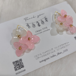 【受注生産】本物の紫陽花アナベル　ゆらゆらイヤリング／ピアス　桜ピンク 2枚目の画像