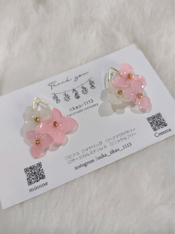 【受注生産】本物の紫陽花アナベル　ゆらゆらイヤリング／ピアス　桜ピンク 1枚目の画像