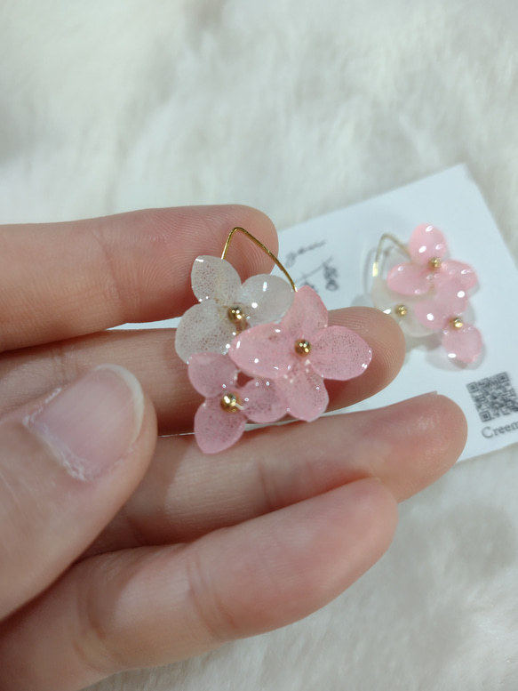 【受注生産】本物の紫陽花アナベル　ゆらゆらイヤリング／ピアス　桜ピンク 3枚目の画像