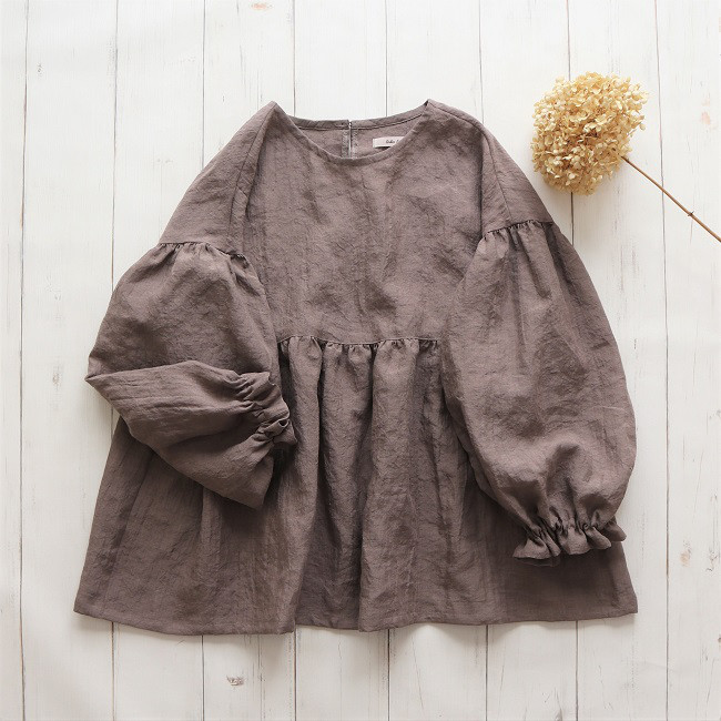 そよ風のブラウス 長袖　Belgium linen 100% *mocha　※受注制作※