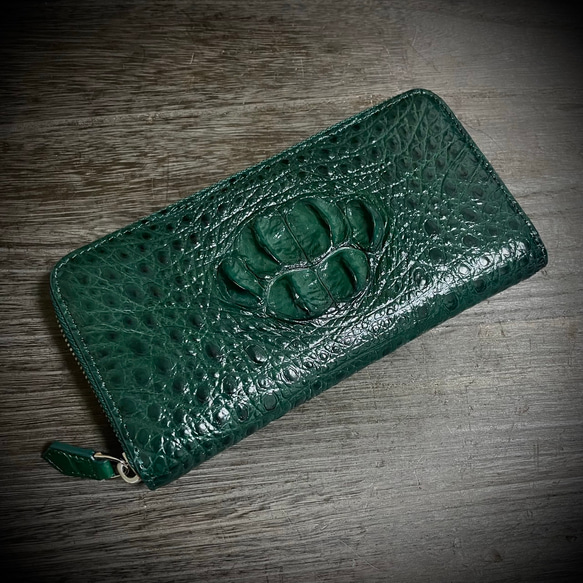クロコダイル ワイルド 長財布 背部 一枚革 本物証明付 グリーン 緑 本