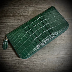 クロコダイル ワイルド 長財布 背部 一枚革 本物証明付 グリーン 緑 本革 ワニ革 背ワニ 2枚目の画像