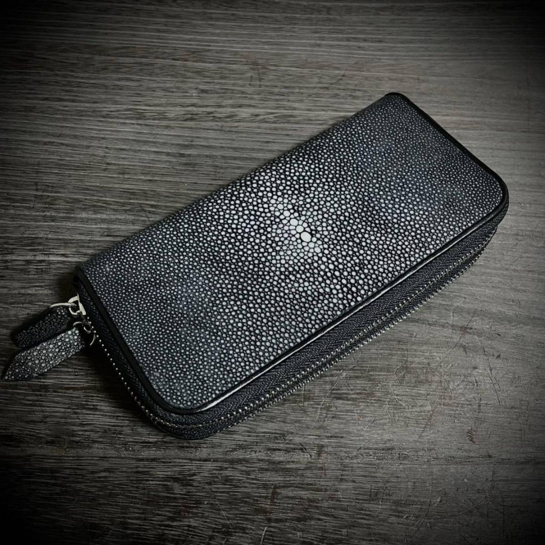 スティングレイ ダブルファスナー　長財布 本革 長財布 希少エイ皮 クロスモチーフ スティングレイ レザー