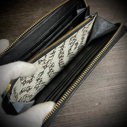 リザード 内装パイソン レザー メンズ財布 長財布 シャイニング加工