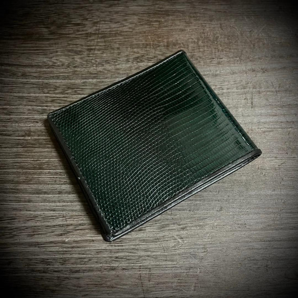 リザード メンズ財布 折財布 二つ折り シャイニング加工 本革 グリーン 