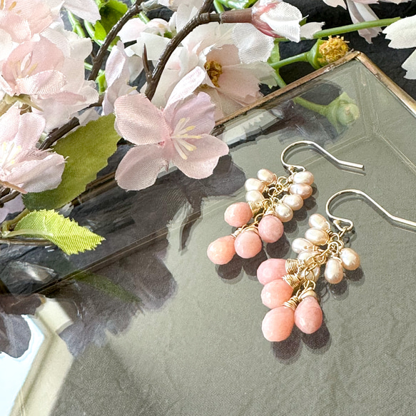 14kgf*粉紅蛋白石和淡水珍珠 Tawawazakura 耳環/耳環 第1張的照片