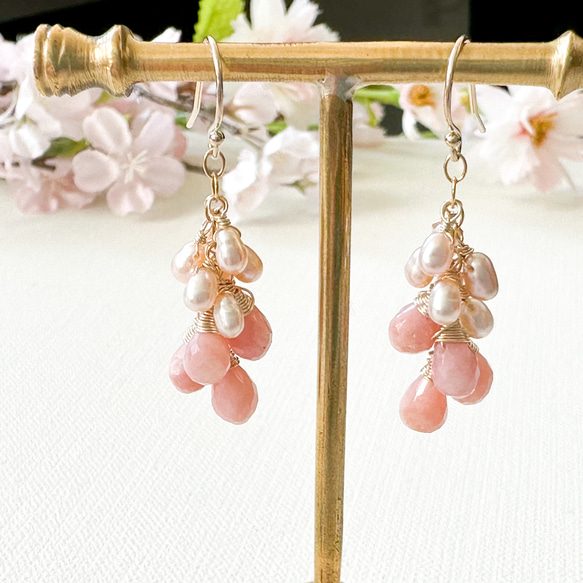 14kgf*粉紅蛋白石和淡水珍珠 Tawawazakura 耳環/耳環 第2張的照片