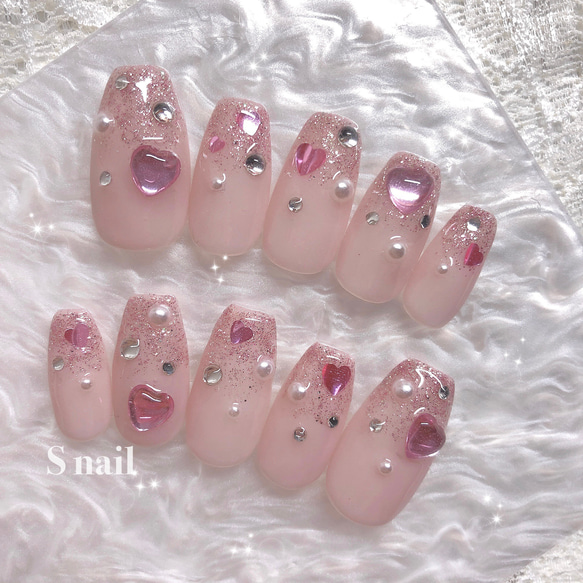 78)) ハートネイル フレンチガーリー ストーンネイル ネイルチップ 韓国風 ネイルチップ ピンク ハート ストーン ホログラム ハート 韓国