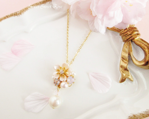 再販】桜ビジューとパールのネックレス～Baby Pink～ 桜/花/フラワー