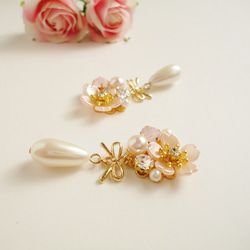 【再販】桜ビジューとしずくパール～Baby Pink～　イヤリング/ピアス/桜/花/フラワー/ビジュー/リボン/春 6枚目の画像