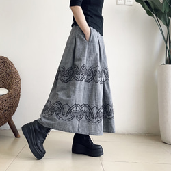 ロングプリーツ刺繍スカート♪綿オックスフォードシャンブレー 5枚目の画像