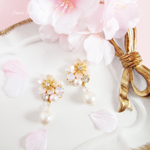 ピアスハート5連さくらんぼパールビジューチャーム赤大ぶり春