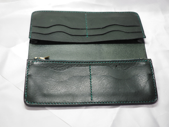本革 イタリアンレザー（ネブラスカ ダークグリーン）を使った二つ折り長財布 イタリアンレザー ネブラスカ マチ付き 『NEBRASKA