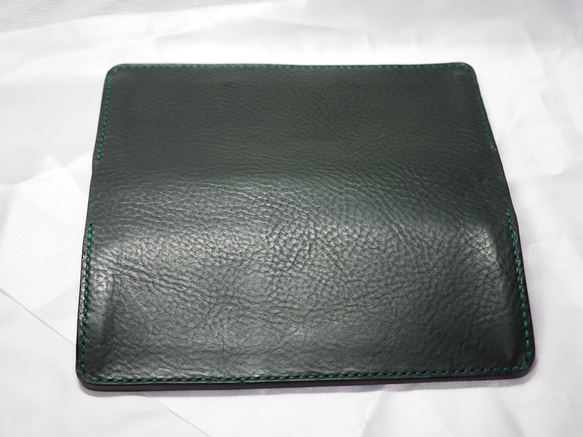 本革 イタリアンレザー（ネブラスカ ダークグリーン）を使った二つ折り長財布 イタリアンレザー ネブラスカ マチ付き 『NEBRASKA