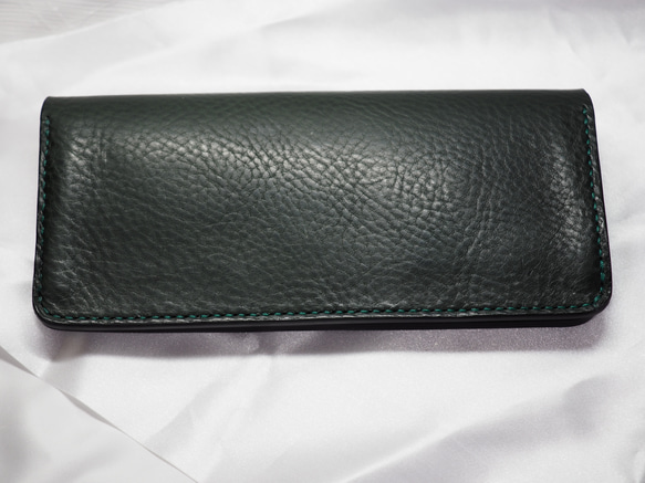 本革 イタリアンレザー（ネブラスカ ダークグリーン）を使った二つ折り長財布 イタリアンレザー ネブラスカ マチ付き 『NEBRASKA