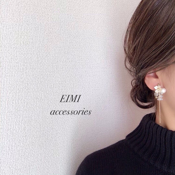 【EIMI】白銀フラワー×コットンパールビーズ 2枚目の画像