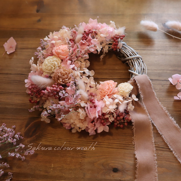 優しいピンクのドライフラワーリース リース MOOI -dried flower- 通販  